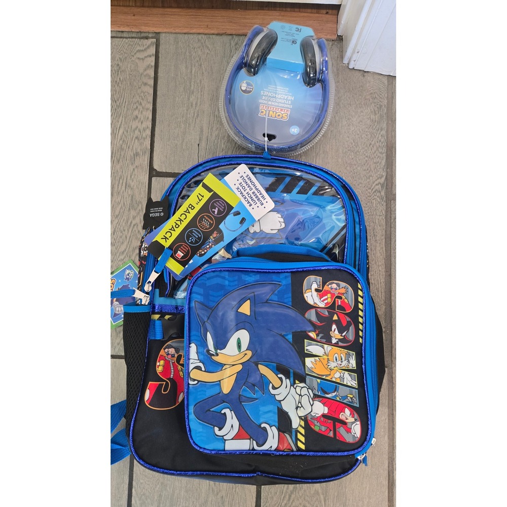 Sonic the Hedgehog 5pc Backpack Set 17in Laptop Bag Lunch Tote Headphones NEW